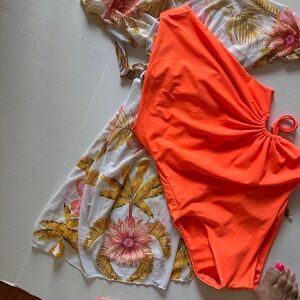 NWT TFY Small Neon‎ Orange One Piece Swimsuit + Floral Kimono Cover Up